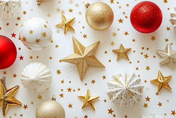 Fototapeta Festive Christmas ornament pattern with golden stars on a bright white background. high quality image