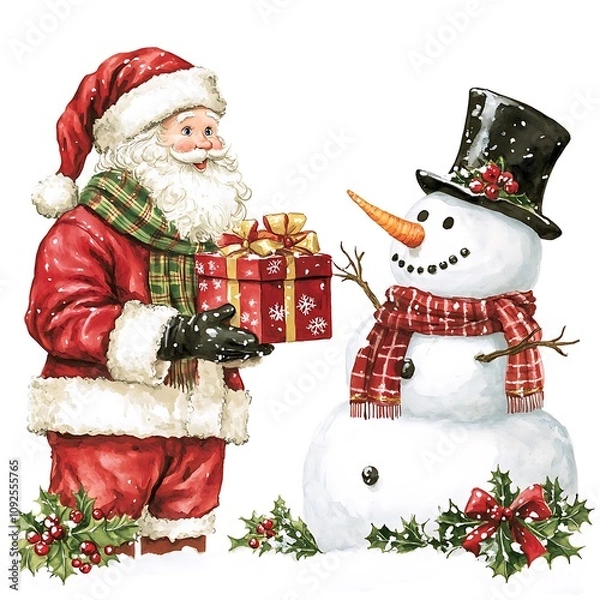 Obraz Santa delivers joyful gifts to a cheerful snowman in a winter wonderland scene