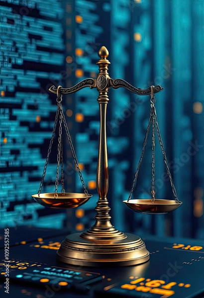Fototapeta Justice balance digital data center legal concept modern environment close-up viewpoint technology integration
