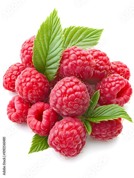 Fototapeta Fresh raspberries in a pile isolated on a white background