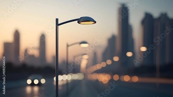 Fototapeta Enchanting Cityscape Illuminated by Solar Streetlights Under the Evening Sky's Soft Glow. Energy Stock, Renewable, Sustainable Concept