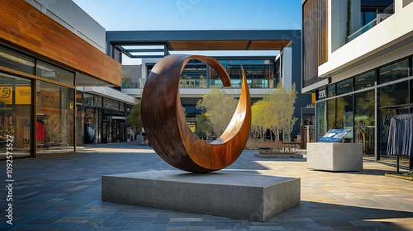 Fototapeta Upscale shopping mall with modern sculpture in front - Sleek design in full sunlight, stylish outdoor plaza, inviting and open