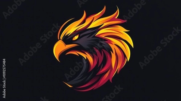 Fototapeta A fierce, stylized eagle head with glowing orange and red feathers.