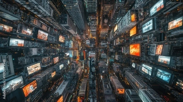 Fototapeta A dizzying view of a city skyline at night, with countless billboards and glowing lights.