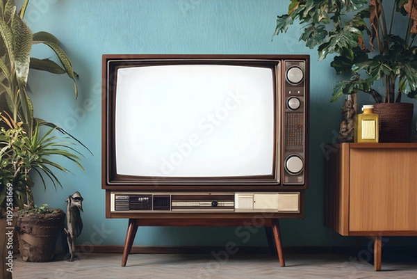 Fototapeta vintage tv mockup with a blank white screen retro technology for creative displays. 4k image