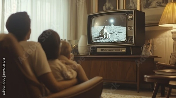 Fototapeta A family watches a retro television screen, displaying the first moon landing.