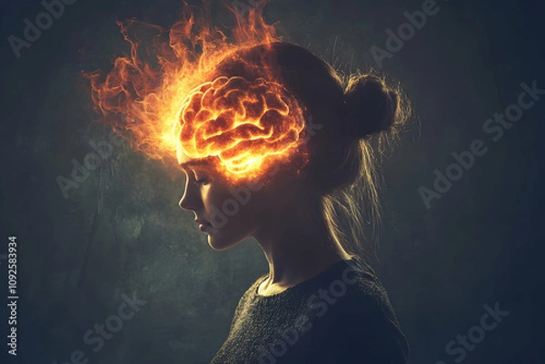 Fototapeta young woman with a burning brain in profile, mental health awareness. 4k image