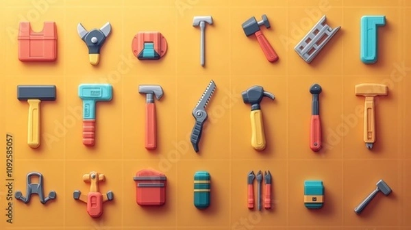 Fototapeta High-detail 3D vector cartoon icons of a set of tools: planer, saw, pliers, screwdriver, vise, drill, hammer, and adjustable wrench, bright design