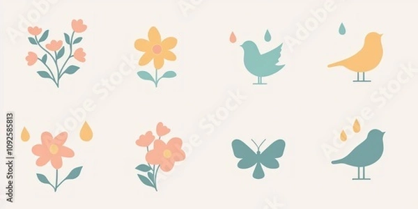 Fototapeta A set of simple, flat spring-themed icons, including flowers, raindrops, birds, and butterflies, in pastel colors.