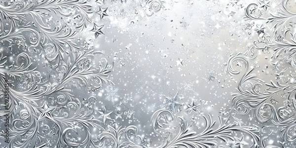 Fototapeta A shimmering silver holiday background with subtle stars and swirling patterns, ideal for a modern, festive design.