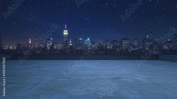 Fototapeta Nighttime cityscape featuring a skyline with stars and a prominent building illuminated.