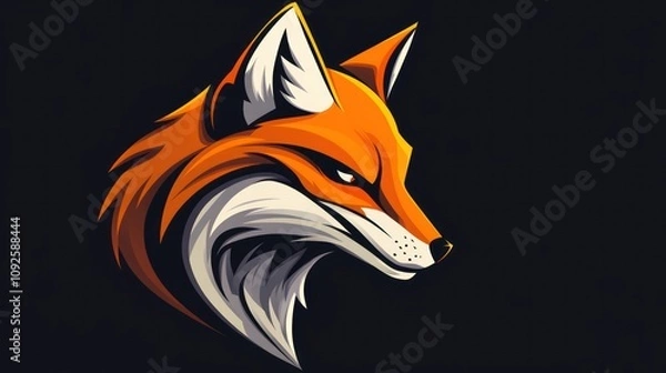 Fototapeta A stylized illustration of a fox's head against a black background. The fox has an orange and white coat and a sly, almost mischievous expression.