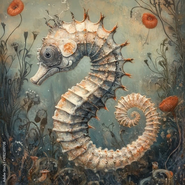 Fototapeta A whimsical underwater scene featuring a beautifully detailed seahorse surrounded by marine flora and soft hues.