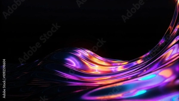 Fototapeta Abstract dark holographic iridescent neon background fluid liquid glass curved wave in motion 3d render background. Modern glowing neon wave line pattern on a dark abstract background