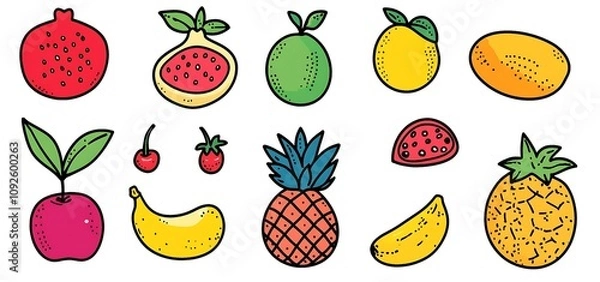 Obraz Set of Cute Cartoon Fruits, Hand-Drawn Doodle Style Vector Illustration with Pomegranate, Mango, Watermelon, Orange, Apple, Papaya, Pineapple, Lemon, Cherry, Banana, Avocado, Strawberry, Peach, Flat C