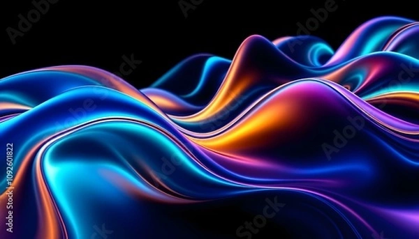 Fototapeta Abstract fluid 3d renders holographic iridescent neon curved waves in motion on a dark background. Gradient design element for banners. Modern colorful flow poster. Wave Liquid shape color background