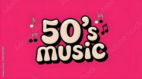 Obraz A vibrant pink background with the words "50's music" in bold, bubble-style font, surrounded by musical notes and symbols, evoking a fun and lively atmosphere. AI generated.