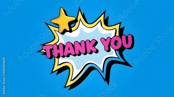 Obraz A colorful, AI generated comic-style "Thank You" message with a star, set against a blue background.