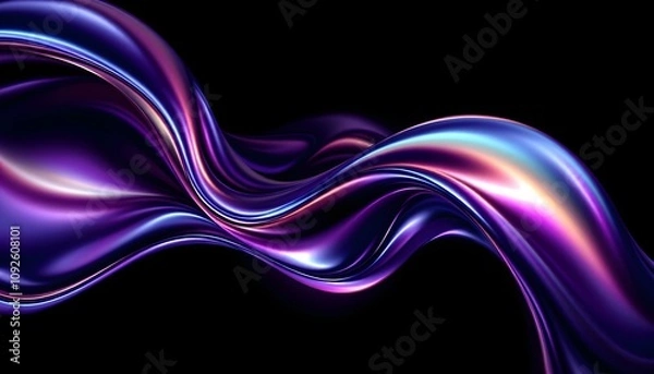 Obraz Abstract fluid 3D render with a black background and holographic, iridescent neon curved wave in motion. Abstract fluid iridescent holographic curved wave in motion colorful gradient design