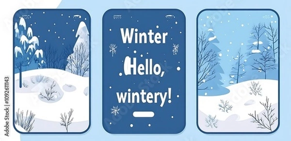 Obraz Winter Story Vector Illustration, Simple Flat Style Mobile App Background Cover with "Hello, Wintery!" Vertical Banners, Snow-Covered Trees, Falling Snowflakes, Hand-Drawn Cartoon Style in Blue Palett