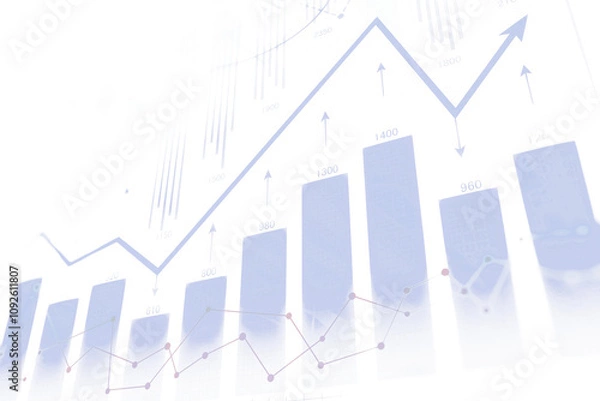 Obraz Bar charts and line graphs with upward arrows on a white background, representing stock market growth, business trends, and analytics concepts