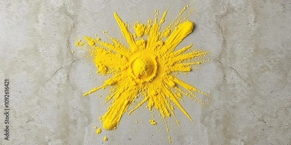 Fototapeta Yellow powder scattered around a central point on a concrete surface, airy effect, dusty explosion