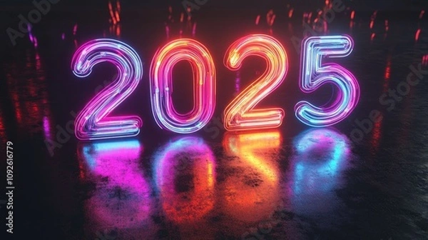 Fototapeta Neon glowing numbers design digital art studio graphic artwork futuristic environment close-up viewpoint glowing numbers surrounded by neon outlines for 2025