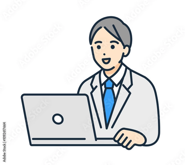 Fototapeta パソコンで勉強する男子高校生。シンプルな男の子のベクターイラスト素材。