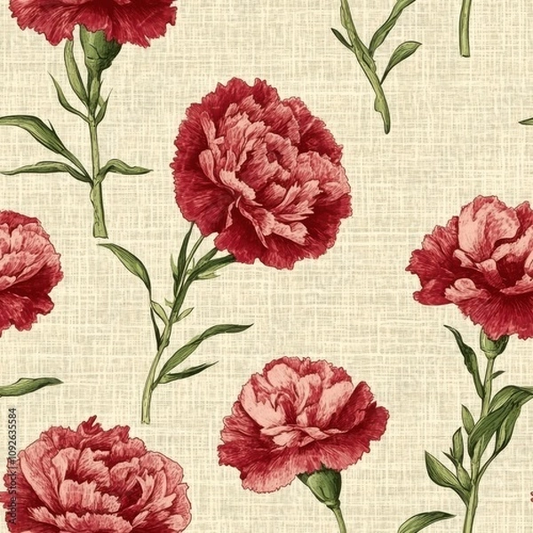Obraz Vintage Carnation bouquet on vintage beige fabric background, seamless repeating pattern, textile print style, minimal, festive floral bouquet design, holiday decor, textiles 