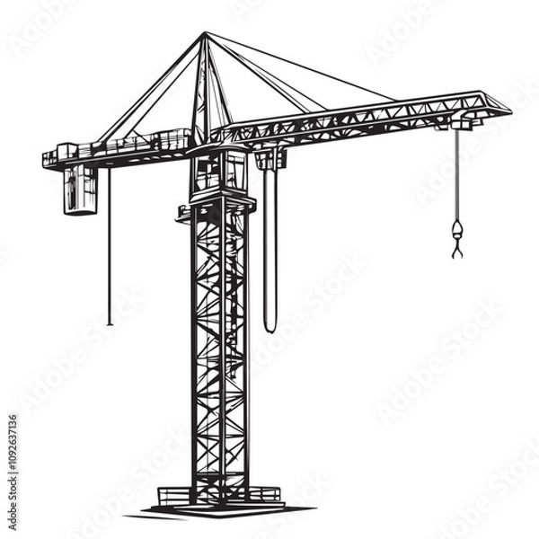 Fototapeta Tower crane In cartoon, hand-drawn flat style. image for social media, websites and UI. Isolated 2D vector design in logo, icon, sketch style, simple line vector, single color. AI Generative Art.
