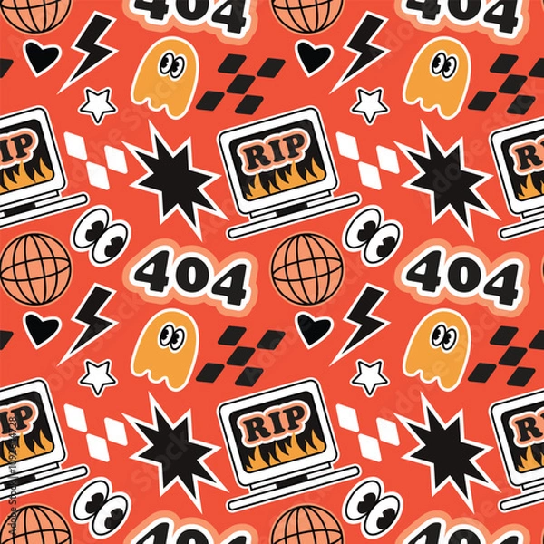 Fototapeta Vector seamless pattern with computers and y2k icons. Modern design for fabric and paper, surface textures. 