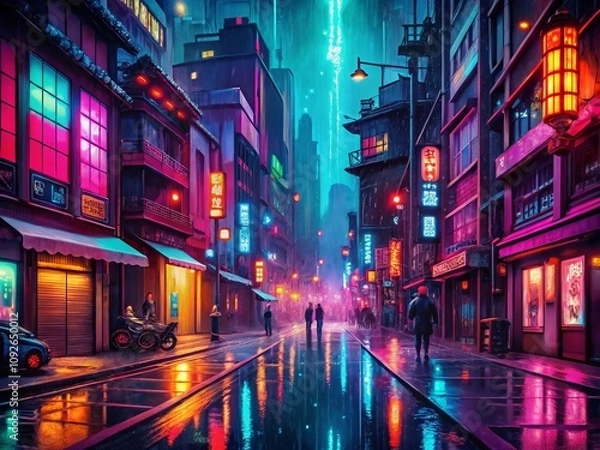 Fototapeta Lofi Pixel Art of a Rainy Cyberpunk City Street Bathed in Dark Neon Colors, Capturing the Essence of Urban Dystopia with Futuristic Architecture and Vibrant Lighting