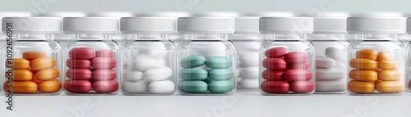 Fototapeta A row of transparent bottles filled with colorful pills, showcasing a variety of medication types arranged neatly.