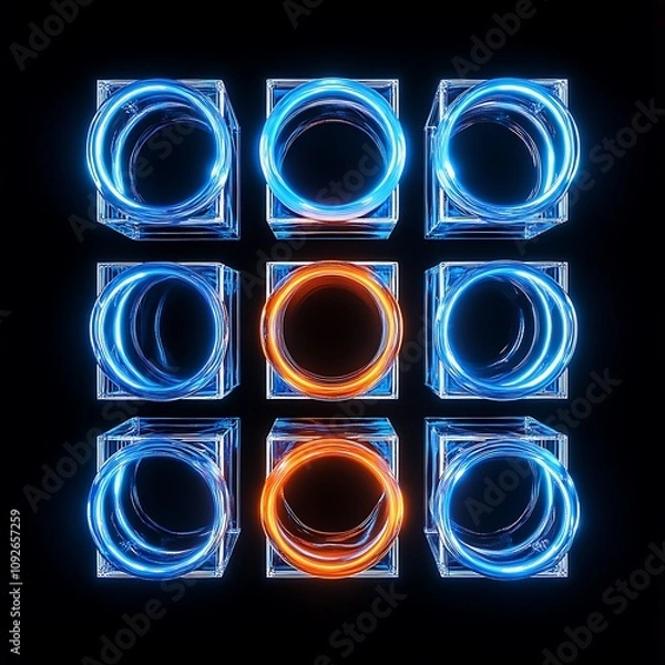 Fototapeta Abstract Neon Circles with Glowing Frames in a Grid Arrangement, Capturing Dynamic Light Trails and Vibrant Colors Against a Dark Background