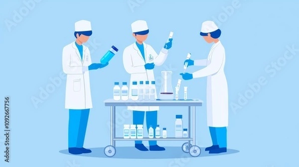 Obraz Three scientists in lab coats conduct experiments with various bottles and equipment on a mobile cart against a light blue background.