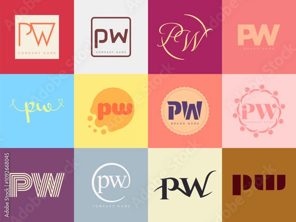 Fototapeta PW logo company template. Letter p and w logotype. Set different classic serif lettering and modern bold text with design elements. Initial font typography.