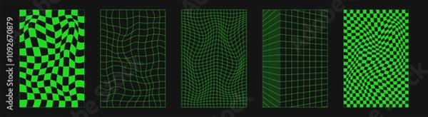 Fototapeta Abstract wireframes, cyberpunk elements and perspective green grids and spheres. Surreal geometric retro futuristic set. Psychedelic y2k shapes. Rave vector elements and signs in trendy psychedelic.