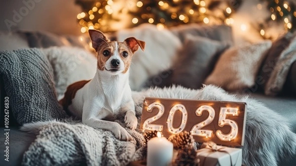 Obraz Heartwarming New Year's Eve setup featuring a 2025 sign and a curious cat or dog interacting with holiday decor. Christmas, New Year's Eve