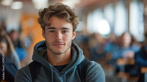 Fototapeta Intelligent-looking young male student, focused and determined, seated in a university classroom setting