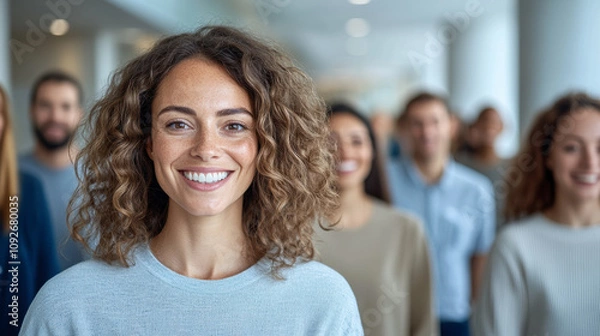 Fototapeta Smiling Woman Leading a Diverse Group of People in a Modern Office Environment During a Team-Building Event