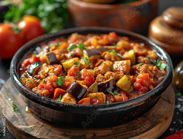 Fototapeta Close up of a vibrant Spanish vegetable stew with eggplant and zucchini, rustic style