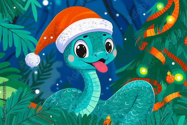 Fototapeta A vibrant creature with a teal body and whimsical features wears a Santa hat. It stands amidst lush greenery and a decorated Christmas tree, spreading holiday cheer in a magical forest