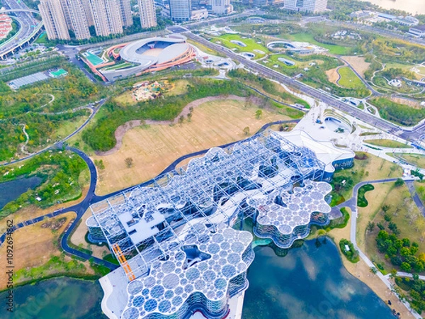 Fototapeta Aerial view of financial buildings and beautiful forest park in Shanghai. high angle view.