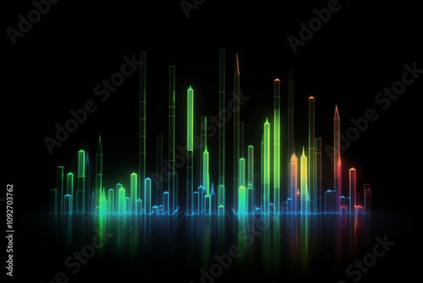 Fototapeta A vibrant, abstract city skyline illuminated with neon colors in shades of green, blue, yellow, and red, set against a dark background, creating a futuristic and dynamic visual effect.