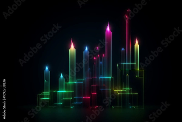 Fototapeta A vibrant display of illuminated, stylized candles in various heights and colors, cast against a dark background, creating a mesmerizing, ethereal atmosphere.