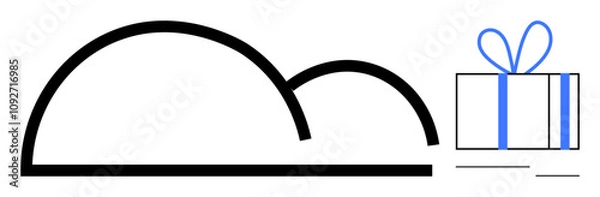 Fototapeta Black cloud outline adjacent to gift-wrapped box with blue ribbon. Ideal for topics on cloud storage, e-commerce, celebrations, digital gifts, online shopping, technology services, delivery services