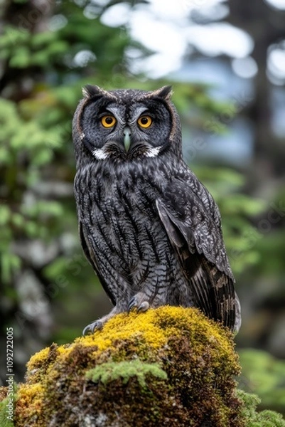 Fototapeta An impressive owl stands majestically on a moss-covered rock in a dense forest, surrounded by vibrant greenery during the daylight hours