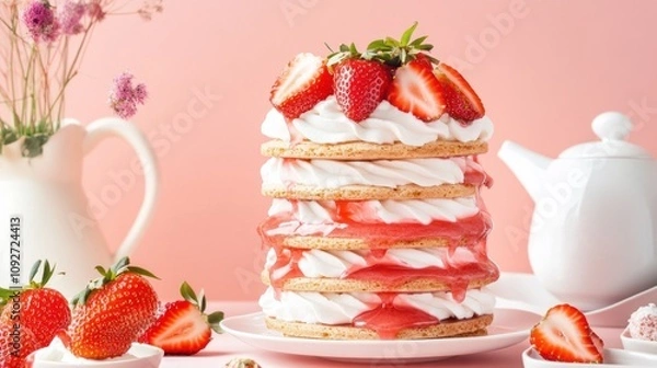 Fototapeta A stack of wafers layered with strawberry cheesecake filling, decorated with fresh strawberries