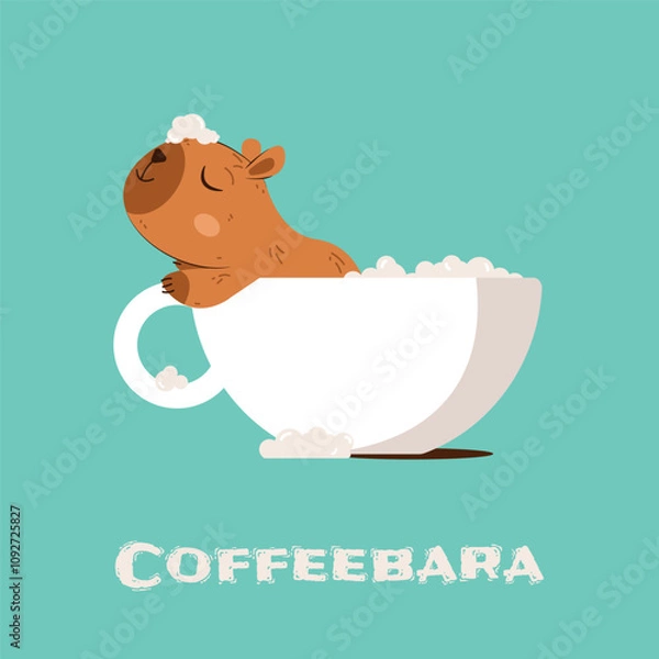 Fototapeta Cute Capybara Sleeping in a Cup of Coffee. Funny Animal Coffeebara