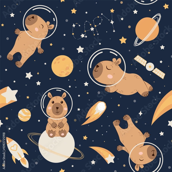 Fototapeta Seamless pattern with cute capybaras in space in cartoon minimalistic style. Capybara in a space suit.